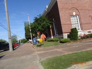 Tin Chicken by an Official Building. Only in a small town :)